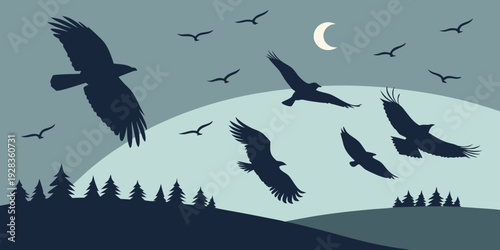 A flock of birds flying over a forest under a full moon in a starry night sky Vector