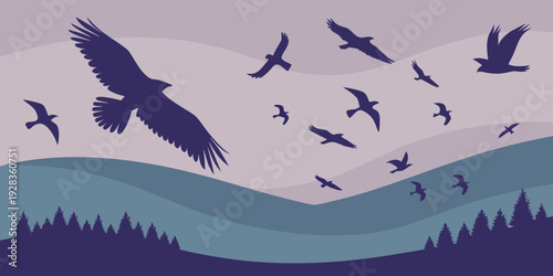 A flock of black birds flying over a green forest landscape with rolling hills Vector