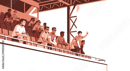 A diverse group of fans and spectators are sitting together in the grandstand seats watching a sports event at a stadium.