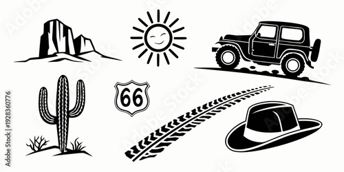 Vintage truck driving down route 66 with desert scenery and sun Vector