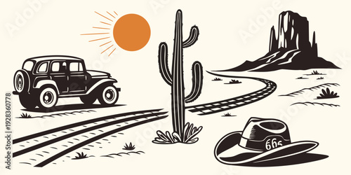 A serene desert landscape with cacti and a lone tree under a clear sky Vector