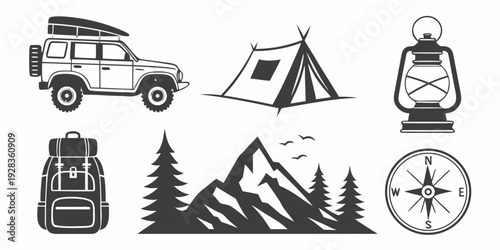 Outdoor adventure equipment including a car, tent, backpack, and compass. Vector
