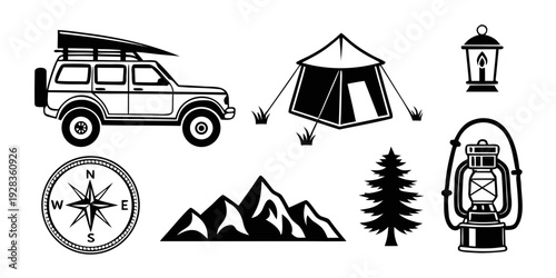 Outdoor adventure with camping gear and scenic landscape elements Vector