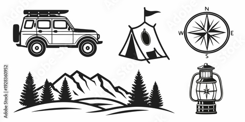 Adventure awaits with camping gear and scenic mountain backdrop Vector