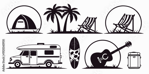 Illustration of various vacation and outdoor activities and items Vector