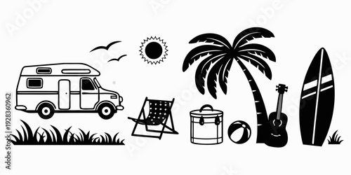 A vibrant beach scene with a camper van and various recreational items. Vector