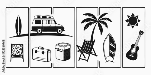 A tropical vacation scene with a car, surfboard, and beach essentials. Vector
