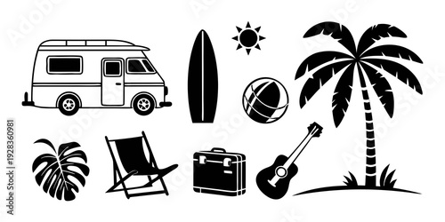 A collection of tropical and beach-themed icons including a van, surfboard, and palm tree Vector