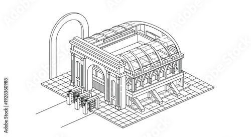 A detailed black and white isometric line drawing showcases the architectural design of a vintage train station with an arched roof and turnstiles.