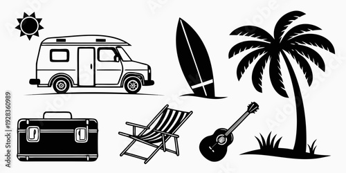 A collection of items for a tropical vacation including a surfboard, guitar, and camper van Vector