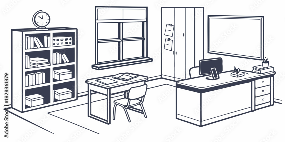 Fototapeta premium A spacious office room with a desk, chair, shelves, and a window. Vector