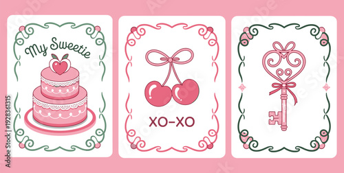 Romantic sweet love illustration set, wedding cake cherries and heart key symbols, Valentine decorative frames vector collection design