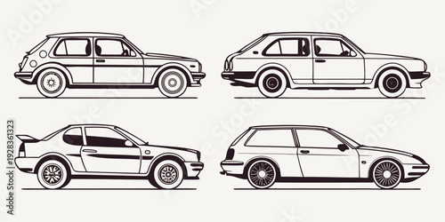 Four different types of cars are shown in a simple line drawing. Vector