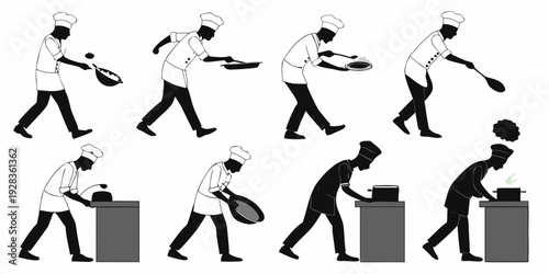 A series of illustrations depicting a person performing various exercises with a barbell. Vector