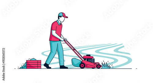 A groundskeeper in a cap and red shirt operates a push lawn mower, cutting curved patterns into a green lawn in a clean vector illustration.