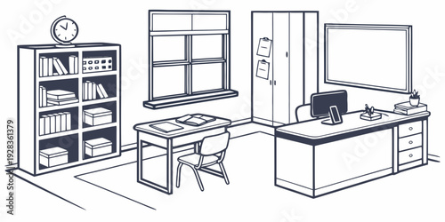 A spacious office room with a desk, chair, shelves, and a window. Vector