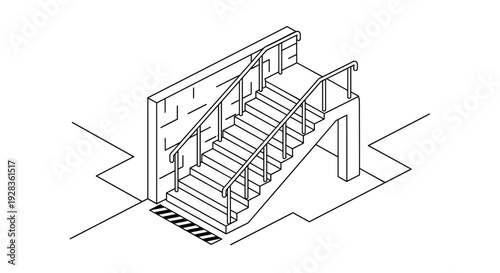 A clean black and white isometric line art illustration of an outdoor concrete staircase with handrails, leading up from a sidewalk with a tactile warning strip at its base.