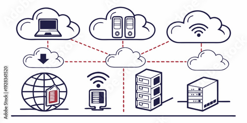 Illustration of a network with various devices connected to the cloud Vector