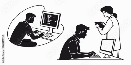 Students engaged in collaborative learning with laptops and a tablet. Vector