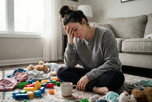 Tired young mother sitting on floor in messy living room with toys and laundry, feeling overwhelmed at home