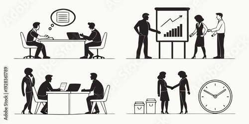 Diverse group of people engaged in various professional activities and interactions Vector