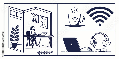 A person working on a laptop while connected to various wireless networks. Vector