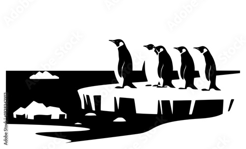 A group of penguins standing on an iceberg with mountains in the background, ice, ice floe, iceberg, illustration, penguin, sea, stand, against transparent background