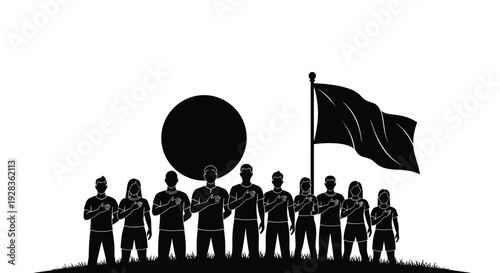 A silhouette of a sports team standing together with hands on their hearts during a national anthem ceremony, with a flag and a large sun in the background.
