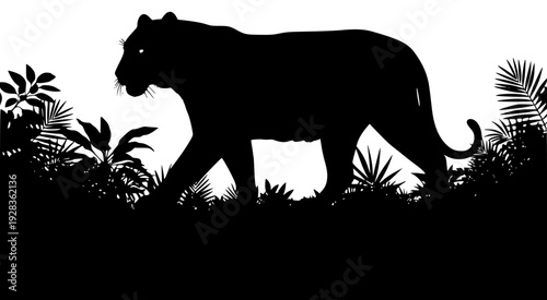 A silhouette of a panther walking through a lush jungle, animal, black, catamount, grass, illustration, jaguar, jungle, lush, plant, profile, stand, vegetation, walk, against transparent background