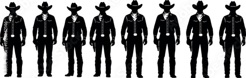 Silhouette vector illustration of eight rugged western cowboys standing in a row wearing hats, bandanas, shirts, belts, and gun holsters.