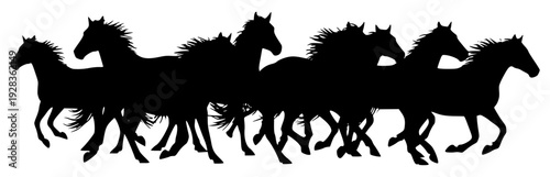 A group of silhouettes of horses running in a line, black, herd, horse, illustration, profile, run, wild, against transparent background