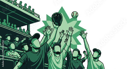 A group of excited sports fans in a stadium reaches up to catch a baseball, with one person using a glove, depicted in a green monochrome pixel art style.