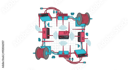 A complex network of routers, switches, and cable spools is arranged in a square formation, illustrating wireless and wired data connections in a stylized vector graphic.