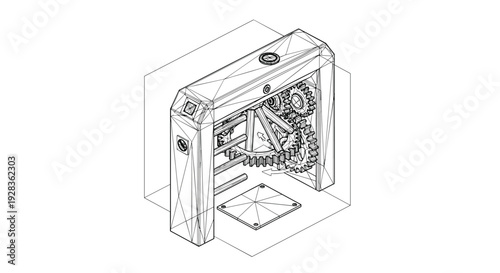 A technical line art drawing of an automated turnstile gate shows the complex internal gear mechanism in a detailed, isometric wireframe illustration on a white background.