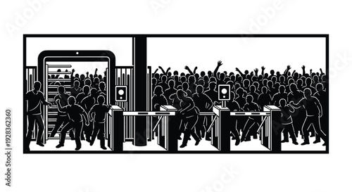 A black and white silhouette illustration showing a crowd of people entering a venue through modern digital and traditional turnstile gates.