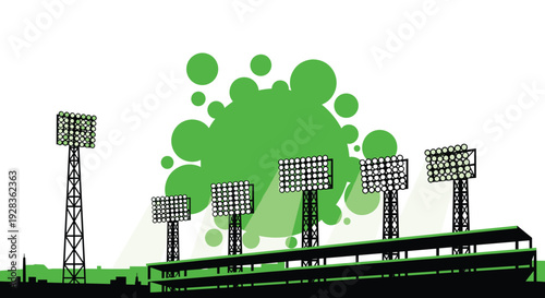 A graphic silhouette of stadium floodlights and stands set against an abstract green circular pattern on a clean white background.