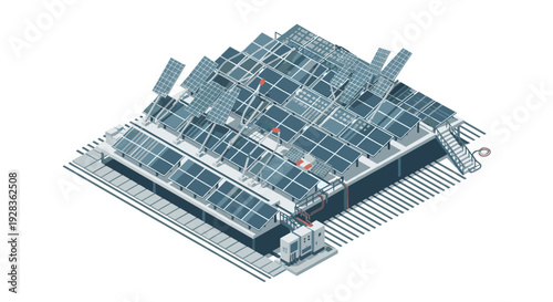 An isometric vector illustration of a building rooftop covered with a large installation of solar panels for renewable energy generation.