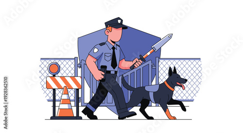 A cartoon police officer and his K9 partner patrol a secure area with a metal detector wand next to a fence and barrier.
