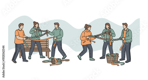 Two groups of people collaborate to braid a very large, thick rope, with one group near a bench and the other near a basket.