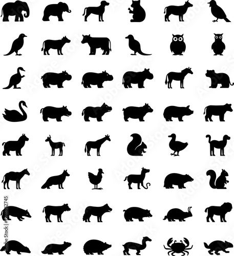 Animal silhouette icon set vector illustration featuring diverse mammals, birds, reptiles, and aquatic species in uniform black design