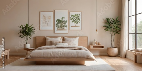 Minimalist Japandi Bedroom Interior with Natural Light and Wooden Furniture