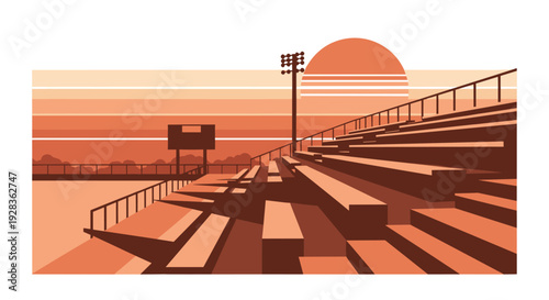 A retro vector illustration of empty stadium bleachers with long shadows cast at sunset, featuring a scoreboard and floodlights against a striped orange sky.