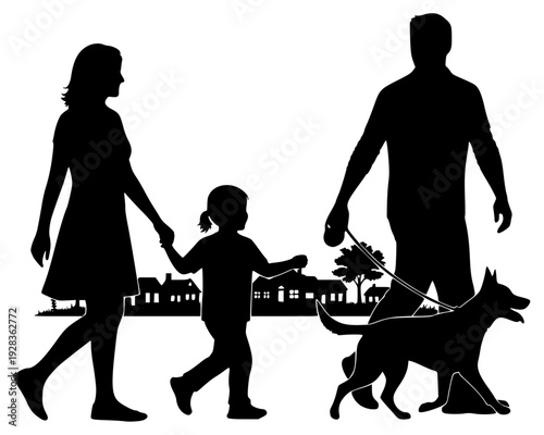 A silhouette of a family walking with a dog in a park, child, dog, family, hand, leash, man, pet, profile, stroll, walk, woman, against transparent background