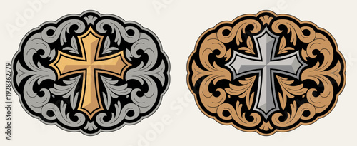 Cross badge vector illustration stylized western rodeo cowboy belt buckle design with ornate floral frame vintage metal emblem rustic heritage symbol artwork decorative classic icon