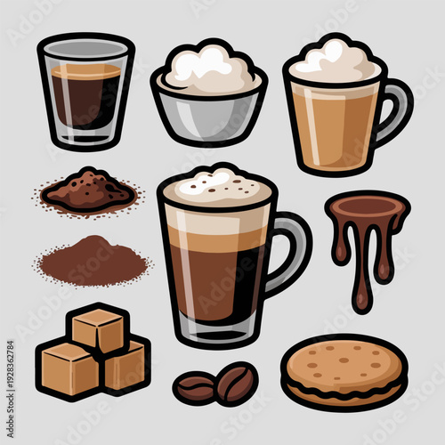 Cappuccino Ingredients Vector Illustration Set of Coffee Cups Beans and Toppings