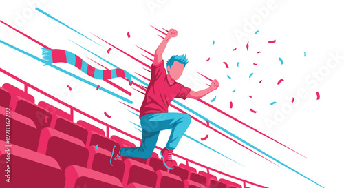 A dynamic vector illustration of an ecstatic football fan with a scarf jumping over stadium seats and cheering wildly amidst falling confetti during a match.