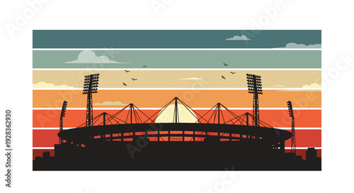 A vector silhouette of a large sports stadium with floodlights is set against a retro striped sunset with birds flying in the sky.