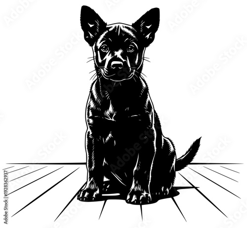 A black and white illustration of a puppy sitting on a tiled floor, black, chihuahua, dog, floor, illustration, sit, stare, white, against transparent background