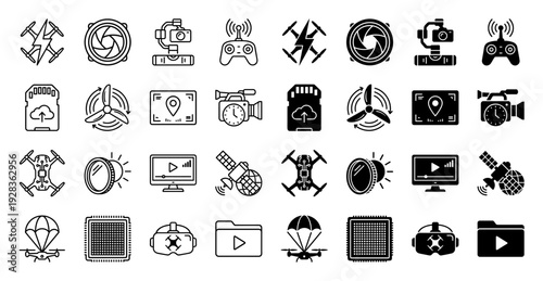 Hybrid drone technology and aerial cinematography icons featuring combined symbols of flight controllers cameras satellites and digital storage