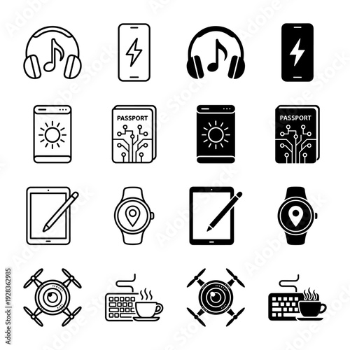 Collection of hybrid technology icons featuring dual stroke and solid styles merging digital devices with travel music and productivity symbols
